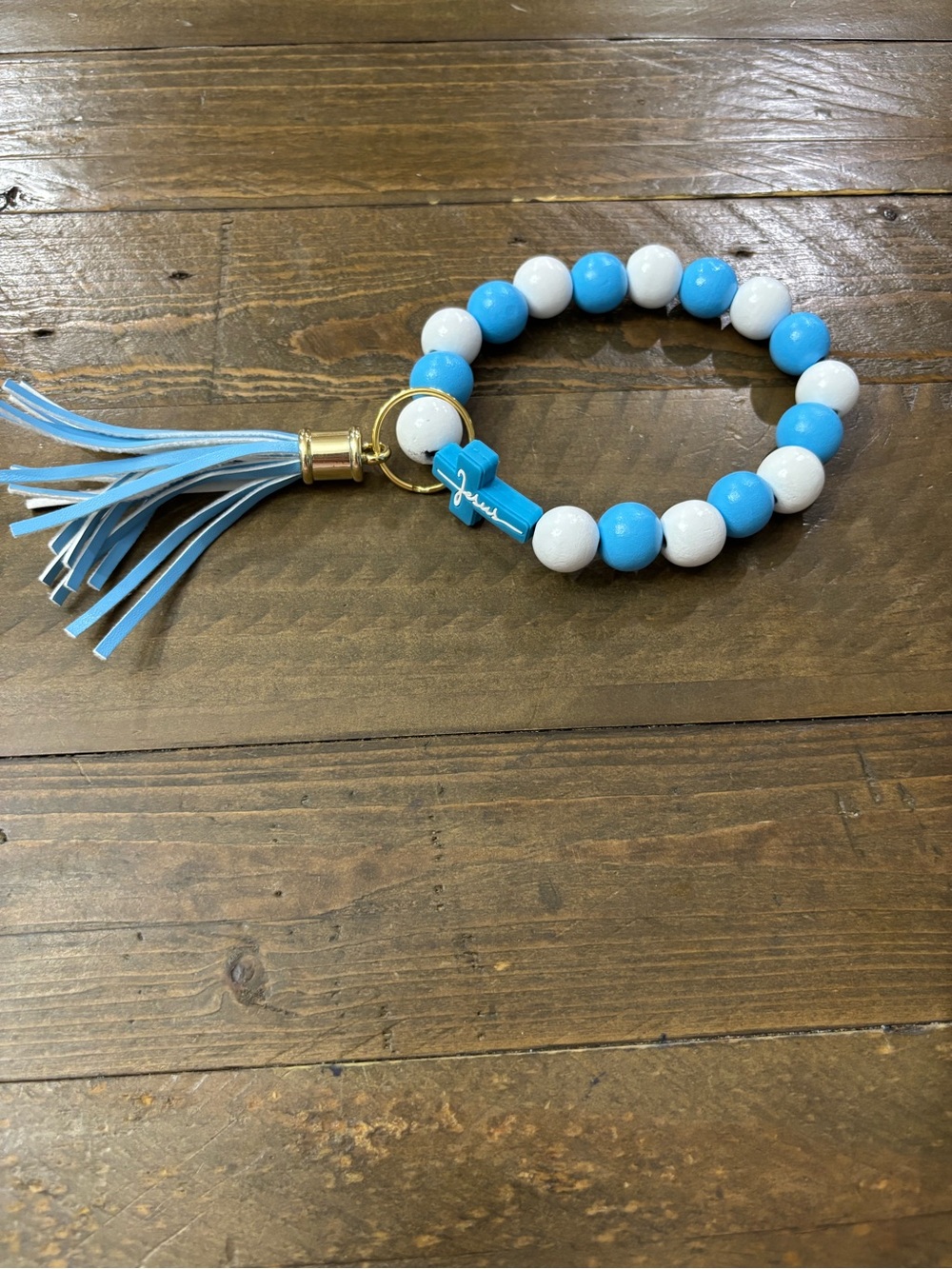 Beaded Wristlet Keychain in Blue and White